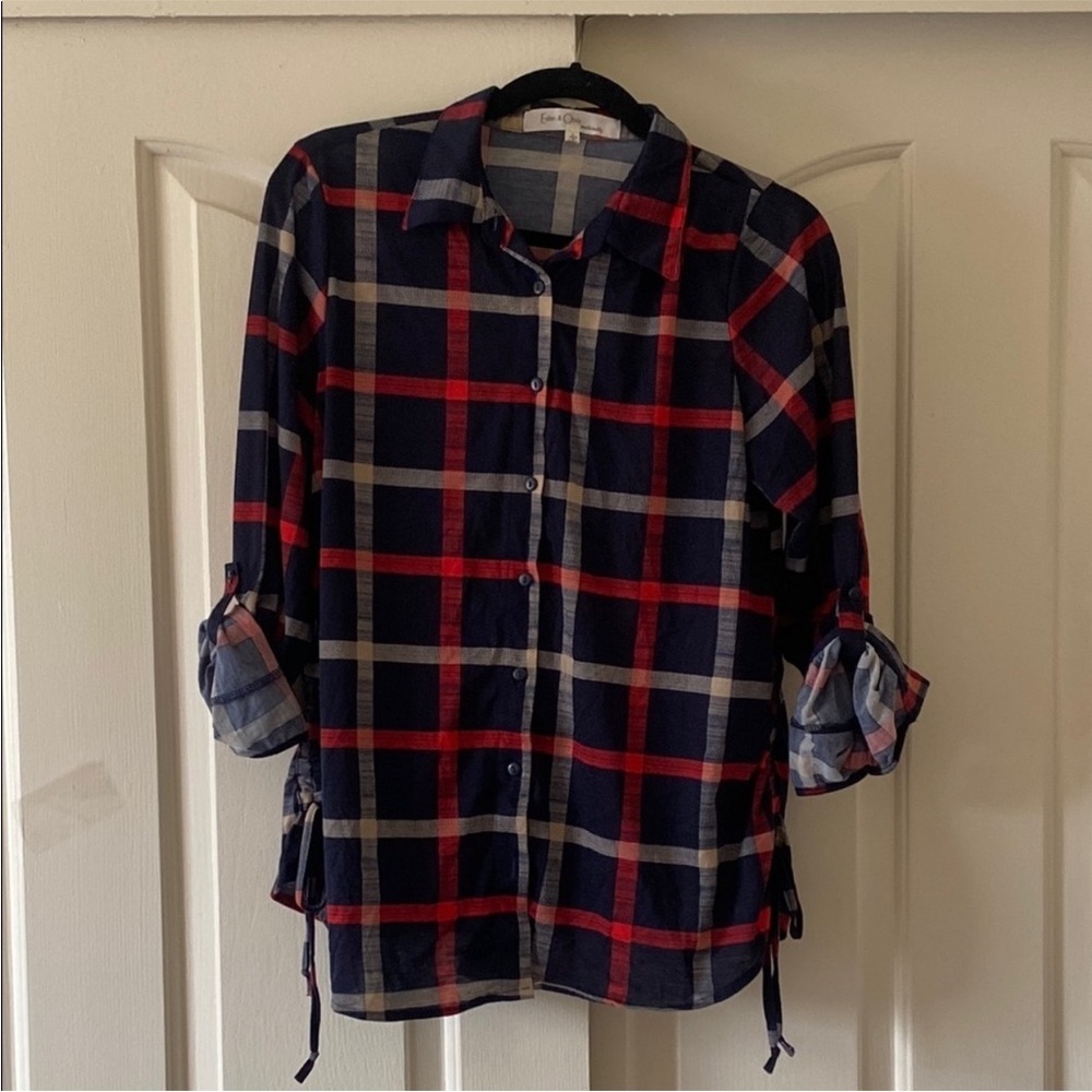 Eden & Olivia Blue and Red Plaid Maternity Shirt. Size L